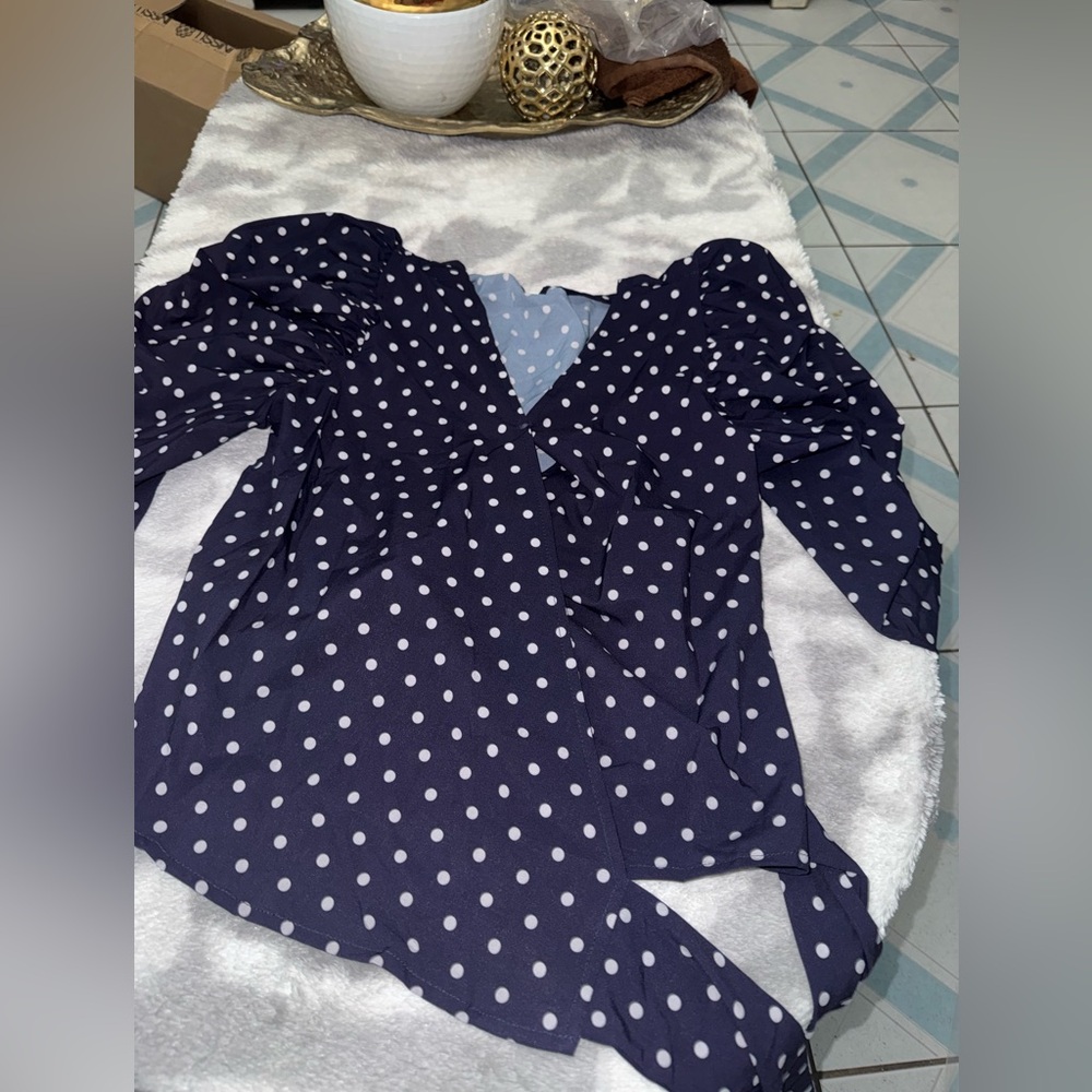 Navy Polka Dot Wrap Blouse